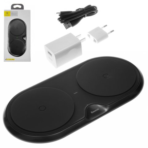 Беспроводное зарядное устройство Baseus Dual Plastic Style, Quick Charge, на два телефона, 220 В, выход 5В 7.5В 10В , USB тип C вход 5В 3А 9В 3А , черное, пластик, #WXSJK 01