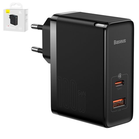 Мережевий зарядний пристрій Baseus GaN5 Pro, 100 Вт, Quick Charge, чорний, з кабелем USB тип C до USB тип C, 2 порта, #CCGP090201