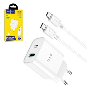 Мережевий зарядний пристрій Hoco C80A Plus, 20 Вт, Power Delivery PD , білий, з кабелем USB тип C до USB тип C, 2 порта, #6931474779908