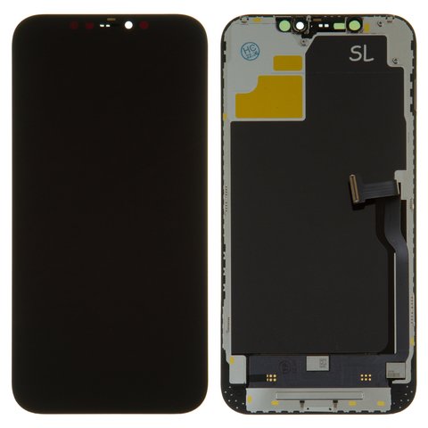 Дисплей для iPhone 12 Pro Max, черный, с рамкой, HC, с пластиками камеры и датчика приближения, OLED , OEM hard, SL