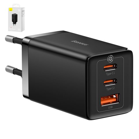 Mains Charger Baseus GaN5 Pro, 65 W, Quick Charge, black, with cable USB type C to USB type C, 3 outputs  #CCGP120201