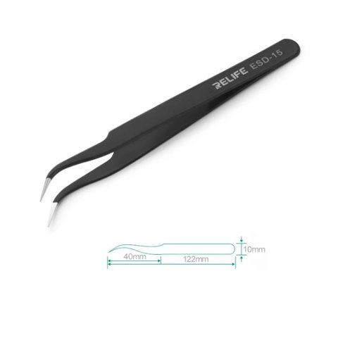 Mounting Tweezers RELIFE ESD 15, curved, antistatic, 120 mm, black