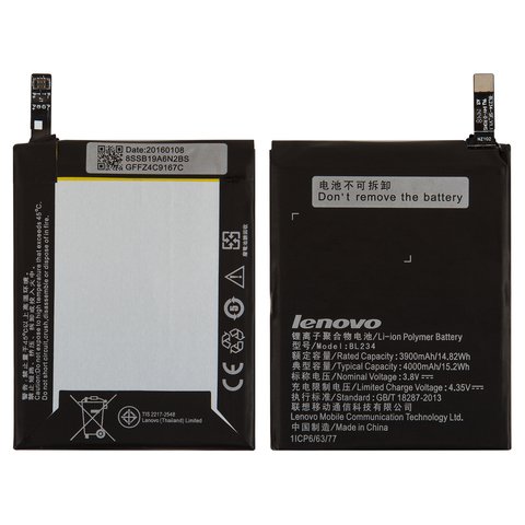 Batería BL234 puede usarse con Lenovo P70, Li Polymer, 3.8 V, 4000 mAh, Original PRC 