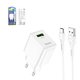 Adaptador de red Hoco C98A, 18 W, Quick Charge, blanco, con cable USB Tipo-C, 1 puerto, #6931474766878