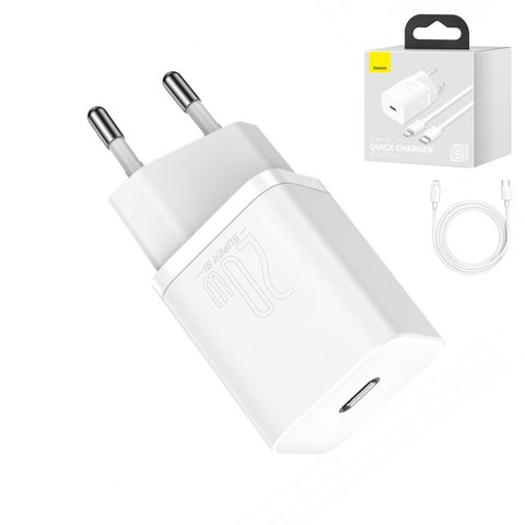 Мережевий зарядний пристрій Baseus Super Si, 20 Вт, Quick Charge, білий, з кабелем USB тип C до Lightning для Apple, 1 порт, #TZCCSUP B02