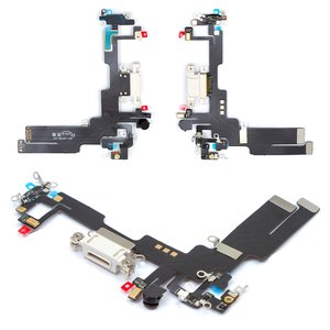 Шлейф для iPhone 14, конектора зарядки, білий, з мікрофоном, з компонентами, High Copy