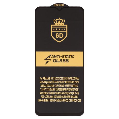 Захисне скло ESD 6D для Tecno Spark Go 2022 , Spark Go 2023  BF7 ; Realme C25; Vivo 31S, Y21; Motorola Moto E22; Oppo A16, A18; Xiaomi Poco C50, Redmi 9, Redmi 9A, Redmi A1; Samsung A022F Galaxy A02, A035F Galaxy A03, A045 Galaxy A04, A125F Galaxy A12, A135 Galaxy A13, A235 Galaxy A23, A326 Galaxy A32 5G, сумісне з чохлом, Full Glue, Anti Static, без упаковки , чорний