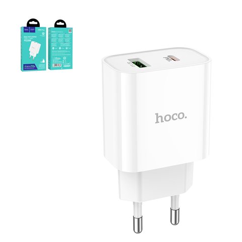 Мережевий зарядний пристрій Hoco C80A Plus, 20 Вт, Power Delivery PD , 220 В, білий, 2 порта, #6931474779885